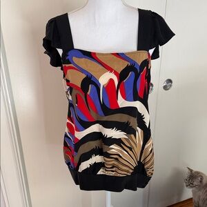 Women’s 10% Silk Multicolor Print Square-Neck Top